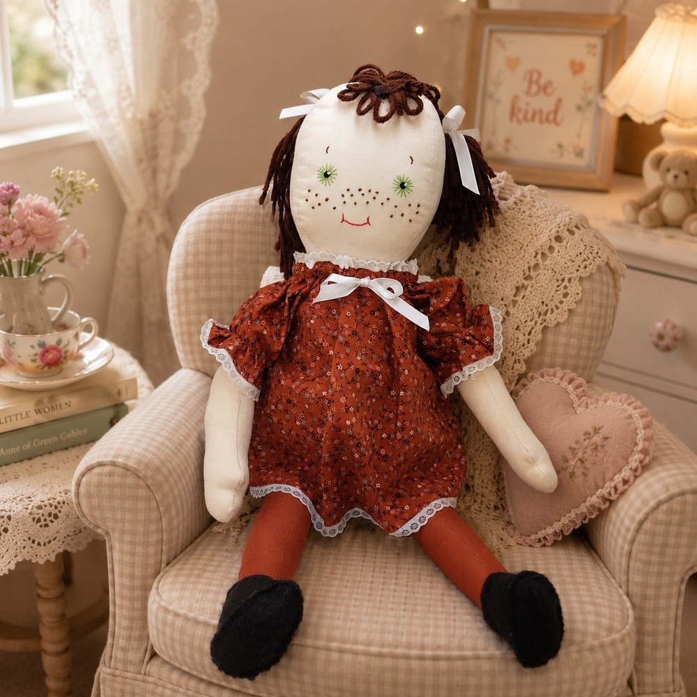 Handmade Primitive Rag Doll 19" Cloth Embroidered Face Floral Lace Dress country